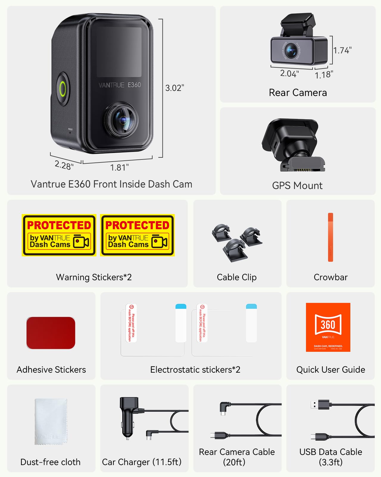 Vantrue E360 Plus 585° Dual STARVIS 2 Dash Camera with Touchscreen
