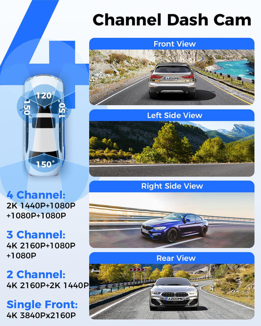 AZDOME 360° 4 Channel Dash Cam with 128GB Storage & Voice Control