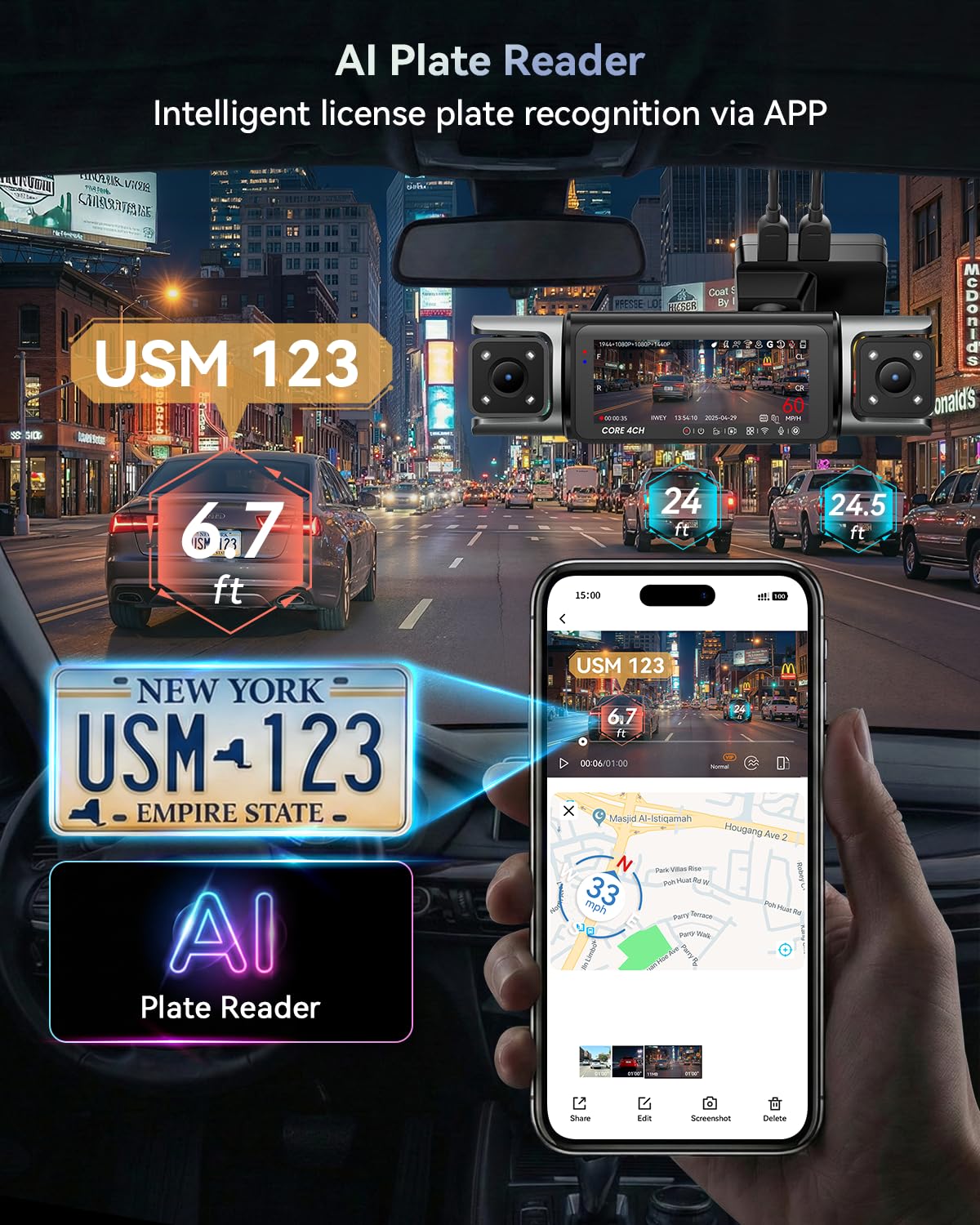 IIWEY 4 Channel 360° Dash Cam with PlateTag AI & GPS WiFi