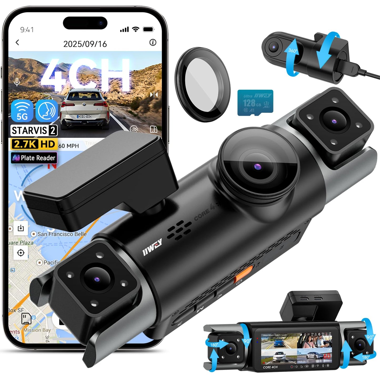 IIWEY 4 Channel 360° Dash Cam with PlateTag AI & GPS WiFi