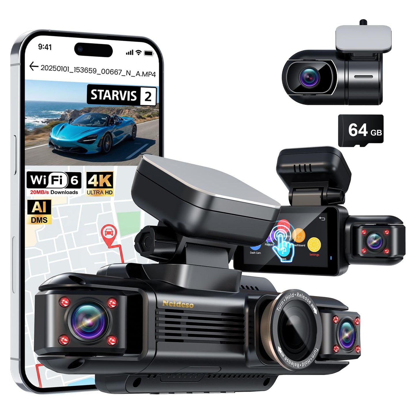 N300Pro 4K 360° Dash Cam with STARVIS 2 & AI Driver Monitor