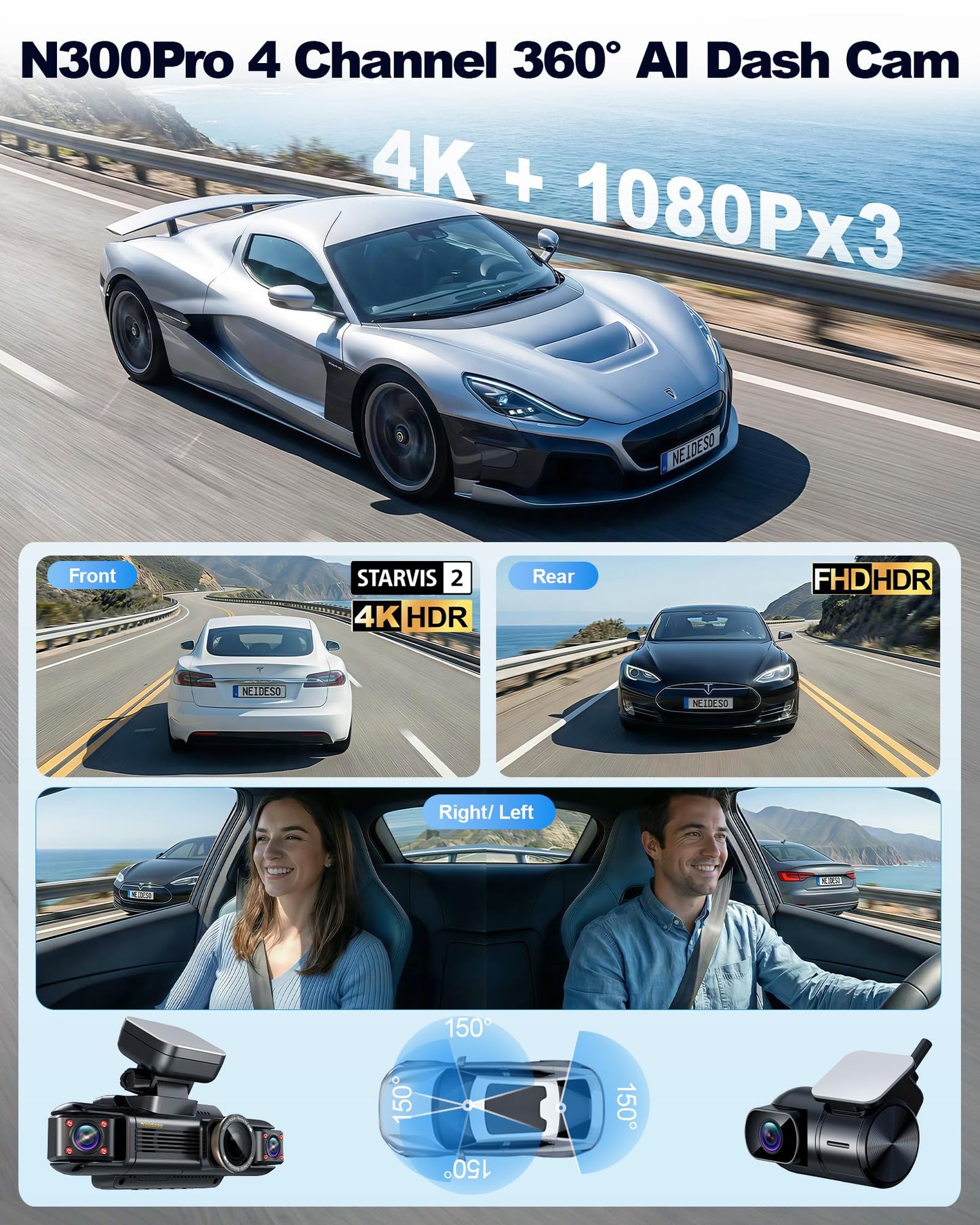 N300Pro 4K 360° Dash Cam with STARVIS 2 & AI Driver Monitor
