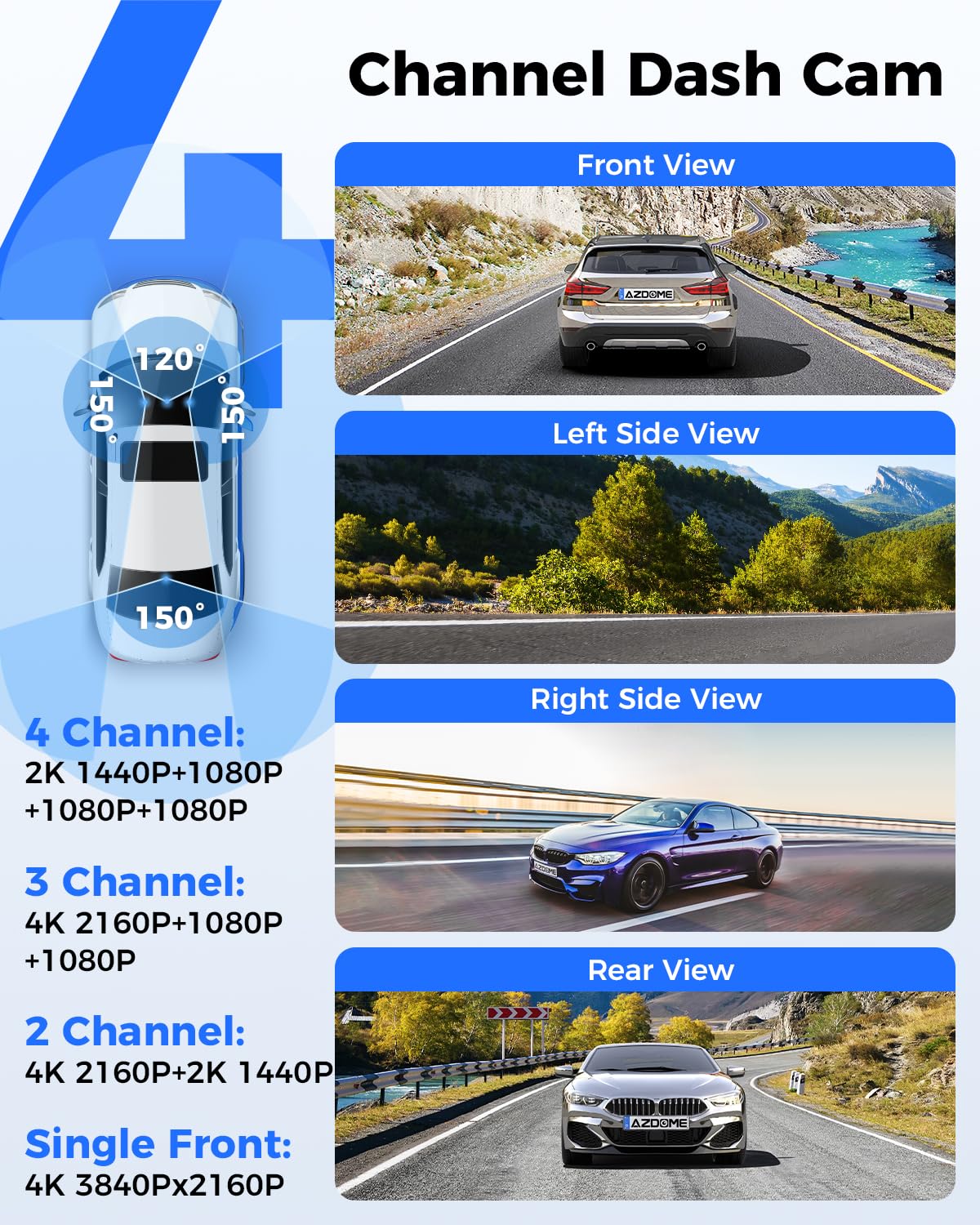 AZDOME 360° 4 Channel Dash Cam with 128GB Storage & Voice Control