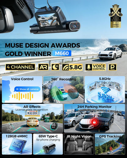 AZDOME 360° 4 Channel Dash Cam with 128GB Storage & Voice Control